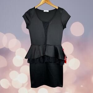 Persaya Short Sleeve Peplum Mini Dress with Lace Accents Black Emo Y2k Soft Goth